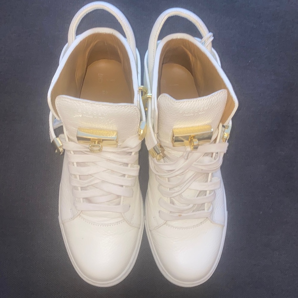 Buscemi High Top White and Gold Padlock Sneakers